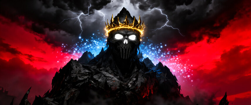 Abstract goliath entity wearing dark shadow crown lined with golden energy