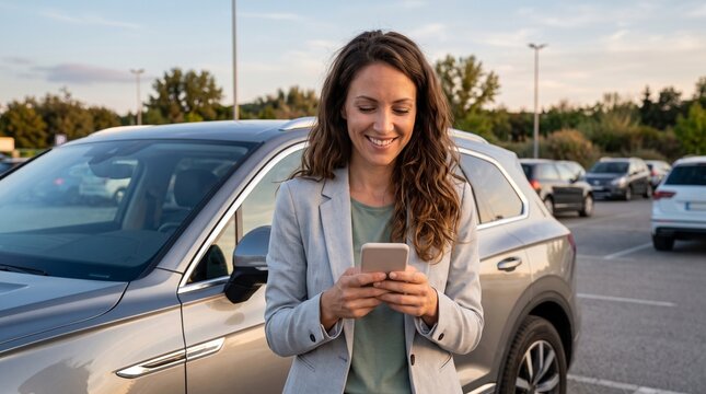 Smiling woman using smartphone in a parking lot next to her car.