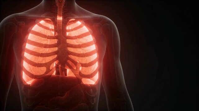 3D medical animation showing glowing human lungs and ribcage during respiration in a dark environment.