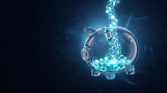 Digital currency savings in glass piggy bank | Cryptocurrency investment and wealth growth | Future of online banking and fintech concept | Financial technology and electronic money accumulation