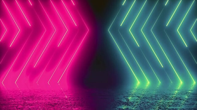 Neon V Shaped Chevron Arrows With Pink And Teal Glowing Light Reflections On Dark Surface