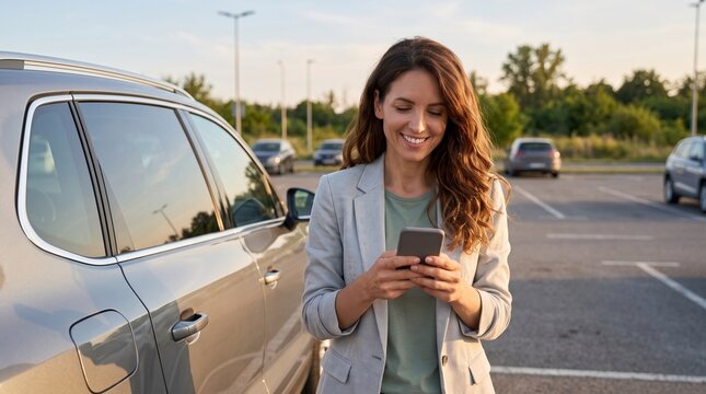 Smiling Woman Using Smartphone in Parking Lot Next to Car