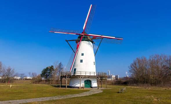 Historic windmill De Eenhoorn on Scheldelaan in Lillo, Antwerp, Belgium.
