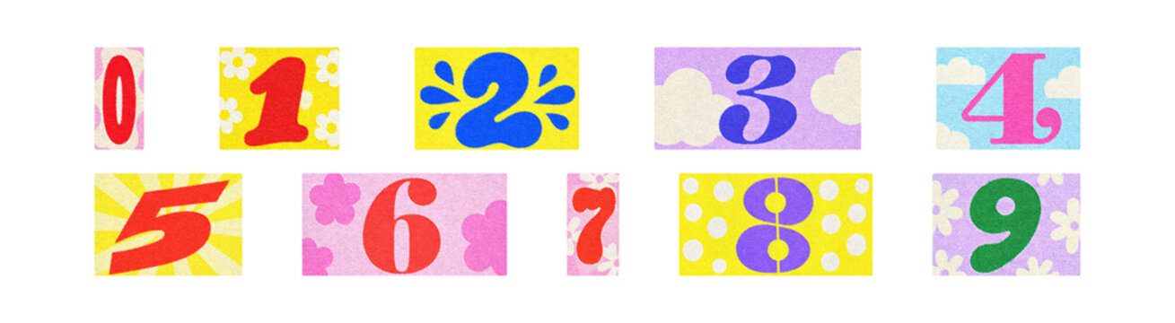 Set of multicolored numbers from 0 to 9 in eclectic ransom cutout style, featuring magazine-inspired shapes, vivid patterns and cheerful kidcore collage texture on transparent background