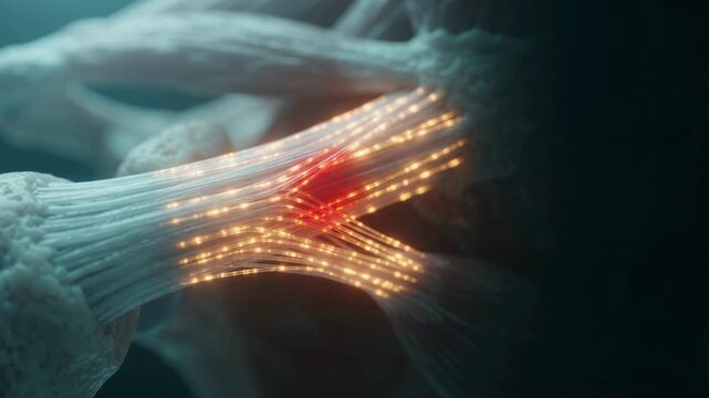 Microscopic macro video of human muscle fibers and connective tissue showing biological structure.