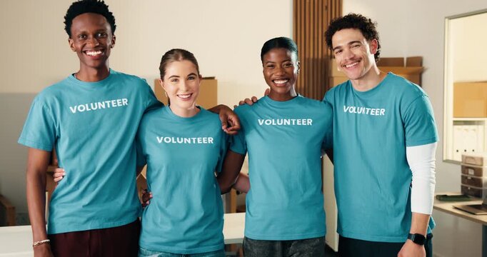 Face, volunteer and team in NGO with support, philanthropy or collaboration for charity organization. Happy, people and non profit group with hug, social responsibility and outreach for community.