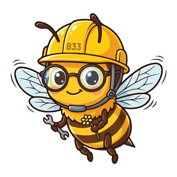 Cute bee construction worker mascot wearing yellow hard hat and glasses holding wrench