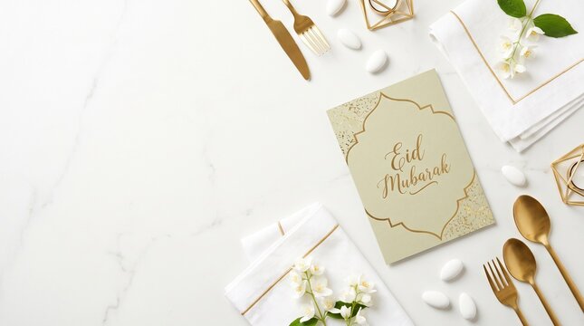 Eid Mubarak greeting card with jasmine flowers and gold cutlery on marble table