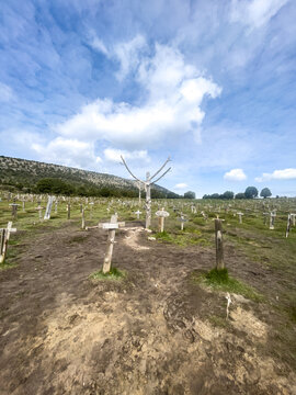 A vertical view of the vast Sad Hill movie set cemetery field, featuring weathered wooden grave markers and a central execution tree beneath an expansive, cloud-filled blue sky.