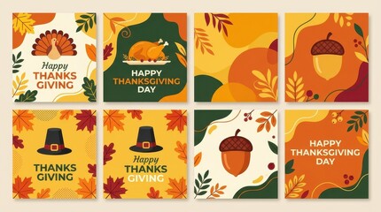 Fototapeta premium Set of Happy Thanksgiving Social Media Post Templates with Turkey, Acorn, and Autumn Leaves Vector Illustration