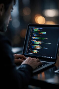 Young man coding on a laptop at night, focused on colorful programming code.