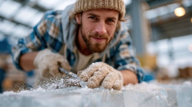 A young man passionately sculpts an ice block in a workshop, showcasing his concentration and craftsmanship amidst a busy creative environment full of inspiration.