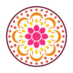 Colorful circular mandala pattern with pink flower and orange crescent shapes in a symmetrical design Vector © alien AZ