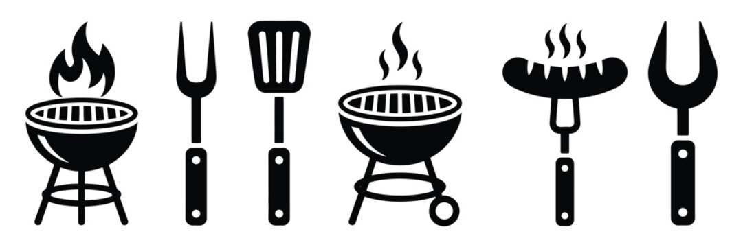 BBQ grill icon with barbecue tools, spatula, grill fork, picnic fire, and clean black and white vector illustration for food graphics