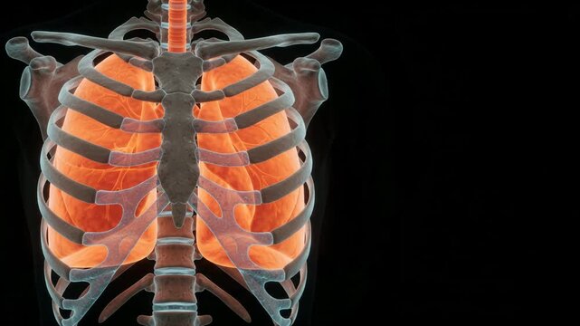 3D medical animation of glowing human lungs and ribcage on a black background.