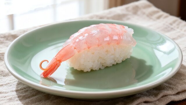 Delicate sweet shrimp amaebi nigiri on jade green ceramic plate