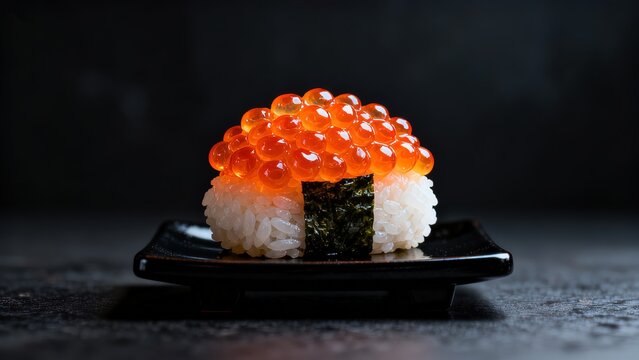 Bright orange ikura fish roe nigiri sushi on black lacquer tray