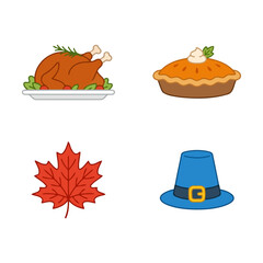 Fototapeta premium Set of four thanksgiving icons featuring a roasted turkey, pumpkin pie, red maple leaf and a pilgrim hat Vector