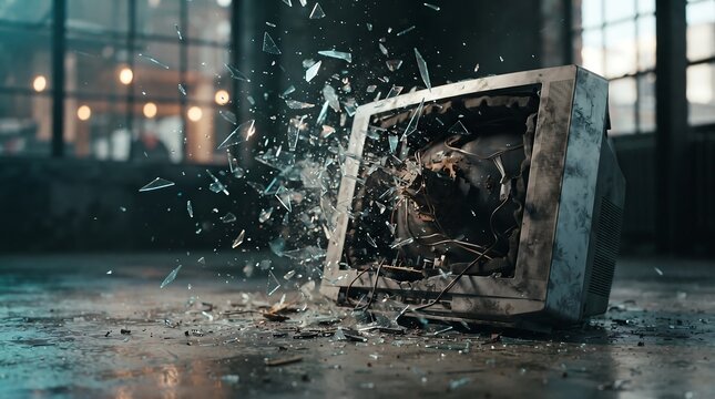 Old Television Exploding with Shattered Glass in Industrial Warehouse &ndash; Broken CRT TV Bursting Apart on Concrete Floor, Destruction and Demolition Concept