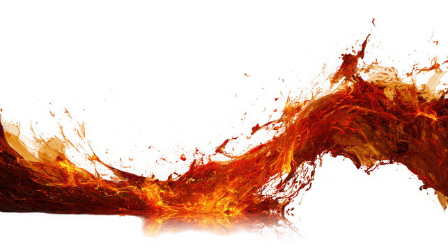 Fiery liquid splash with swirling orange flames on transparent background