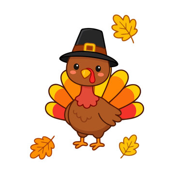 Cute cartoon turkey wearing a pilgrim hat with autumn leaves for thanksgiving holiday celebration design Vector