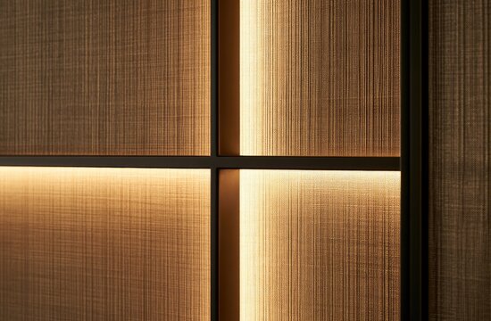 Warm, textured wood panels intersected by soft, glowing light strips