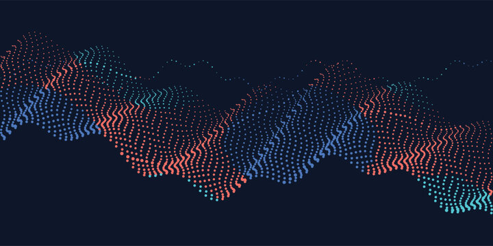 Abstract sound wave pattern made of small dots in blue and coral hues on dark background