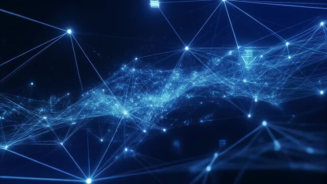 Abstract blue network connections flowing with light particles in dark space