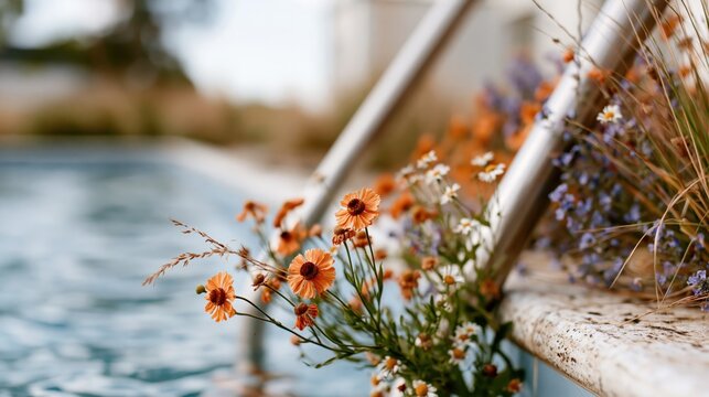 Bright orange and purple flowers blooming by the edge of a crystal-clear swimming pool create a serene and picturesque scene, capturing the essence of summer enjoyment and nature.