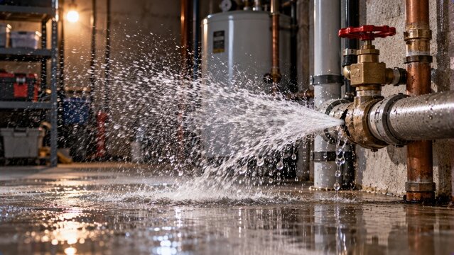 Industrial metal pipe spraying water from ruptured section near red valve handle inside basement utility room.