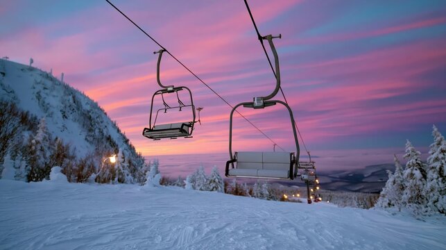 A tranquil ski resort scene showcasing empty ski lifts against a vibrant pink sunset, highlighting the serene beauty of winter and the excitement of recreation.