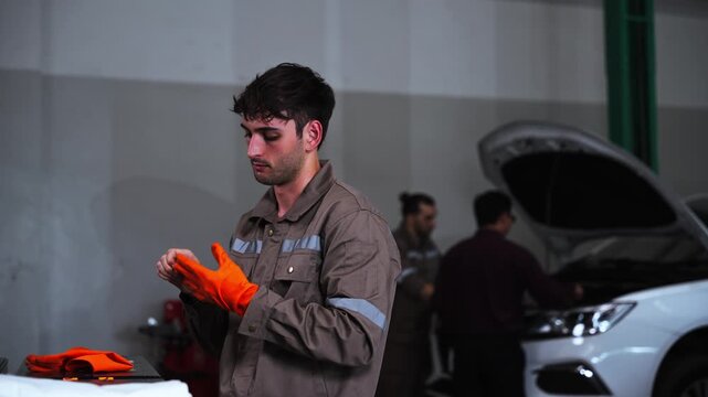 Automotive Technician Inspecting Vehicle Components in Professional Auto Repair Shop. Automotive technician wearing protective gloves inspecting vehicle components inside a professional auto repair wo