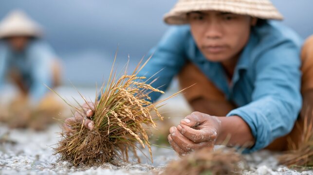 A farmer deeply focused on harvesting rice in a field, showcasing the hard work, dedication, and traditional farming practices in a serene rural landscape.