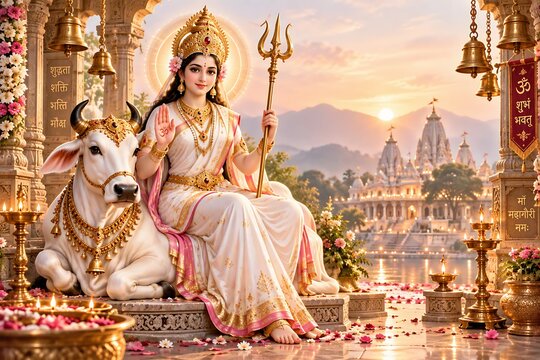 A depiction of the hindu goddess parvati seated on a nandi bull with a scenic temple backdrop