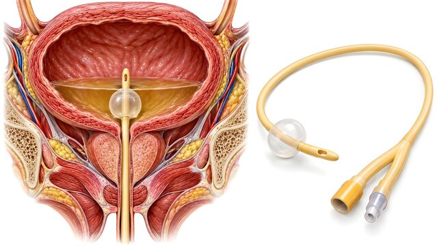 Foley Catheter with Inflated Balloon in Urinary Bladder, Medical Anatomy Illustration