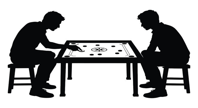 Two men playing carrom on stools black silhouette against white background