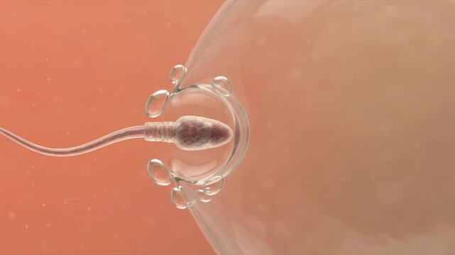 Microscopic 3D render of a sperm cell approaching an egg cell for fertilization in a medical animation.