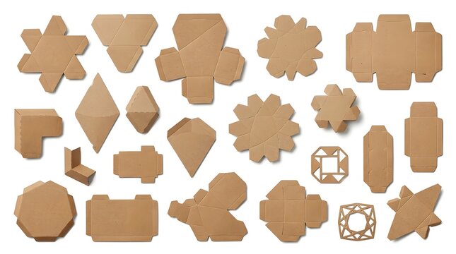 Flat cardboard box templates and nets for packaging design and assembly in various geometric shapes