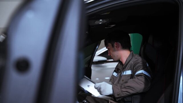 Automotive Technician Inspecting Vehicle Interior and Electrical Components During Car Repair. Automotive technician working inside a vehicle while inspecting electrical and mechanical components, rep