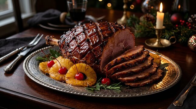 Glistening honey glazed holiday ham decorated with cloves pineapple rings and cherries served on silver platter with burning candle background.