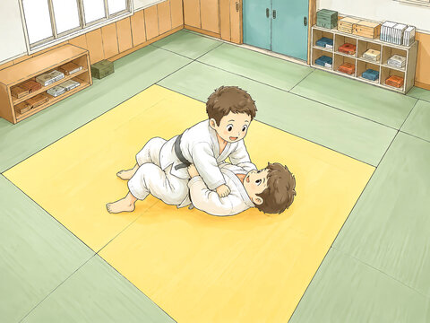 Two children practicing judo groundwork on a dojo mat