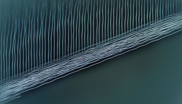 Extreme close-up of aligned microscopic molecular fibers glowing on dark background