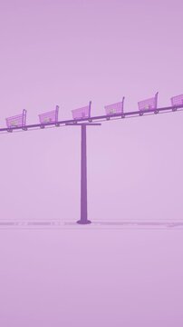 Shopping carts moving in a row along an elevated monorail against a soft purple sky in a vertical 3D animation