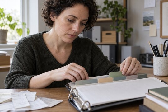バインダーの色付き仕切りを並べて書類を整える女性の事務作業風景