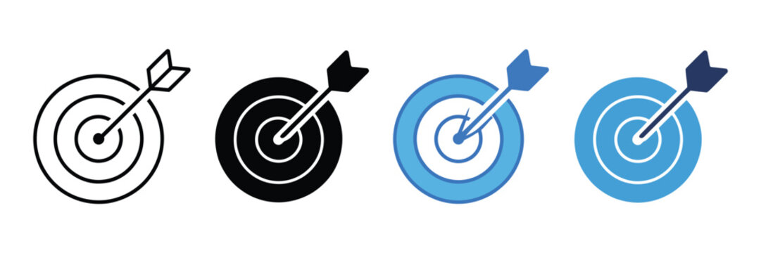 Business strategy and success target with arrow hitting bullseye icon set, vector graphic