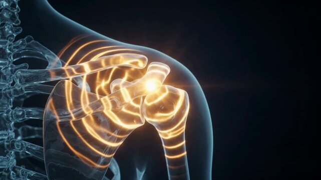 3D medical animation of a human shoulder joint highlighting a specific point of pain or injury in a dark blue setting