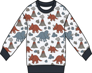 Kids long sleeve sweatshirt with dinosaur volcano all over print flat sketch technical vector illustration. © Khademul