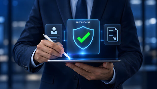 Businessman interacting with digital interface showing procurement security shield with checkmark user profile and shopping cart icons on tablet