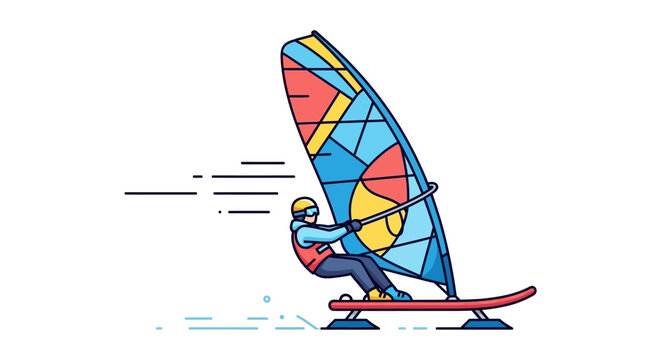 Windsurfer with colorful sail is depicted in a vector illustration style