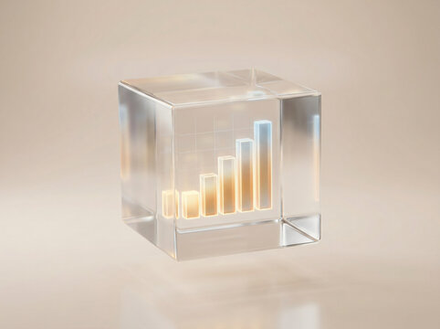 3D render of financial growth bar chart | glowing data visualization inside glass cube | business success and investment analytics icon | minimalist abstract technology background